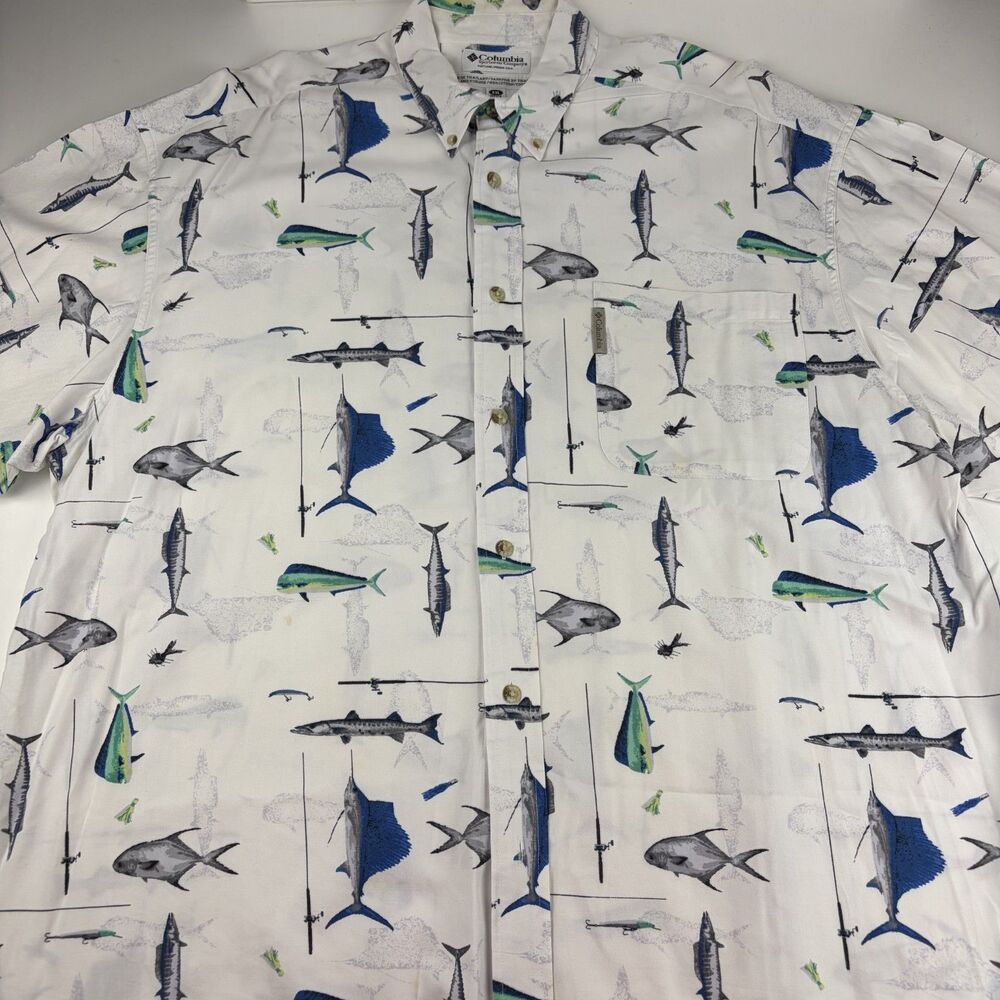 Columbia Mens XXL Fishing Shirt Sailfish Mahi Marlin Print White Button Up